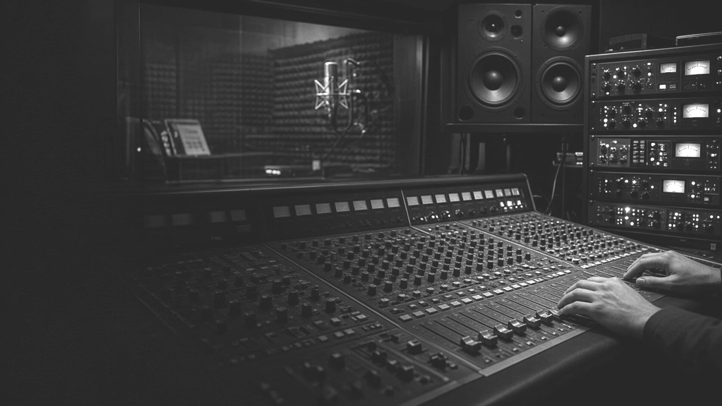 Black-and-white recording studio session — engineer at the console, vocal booth beyond the glass