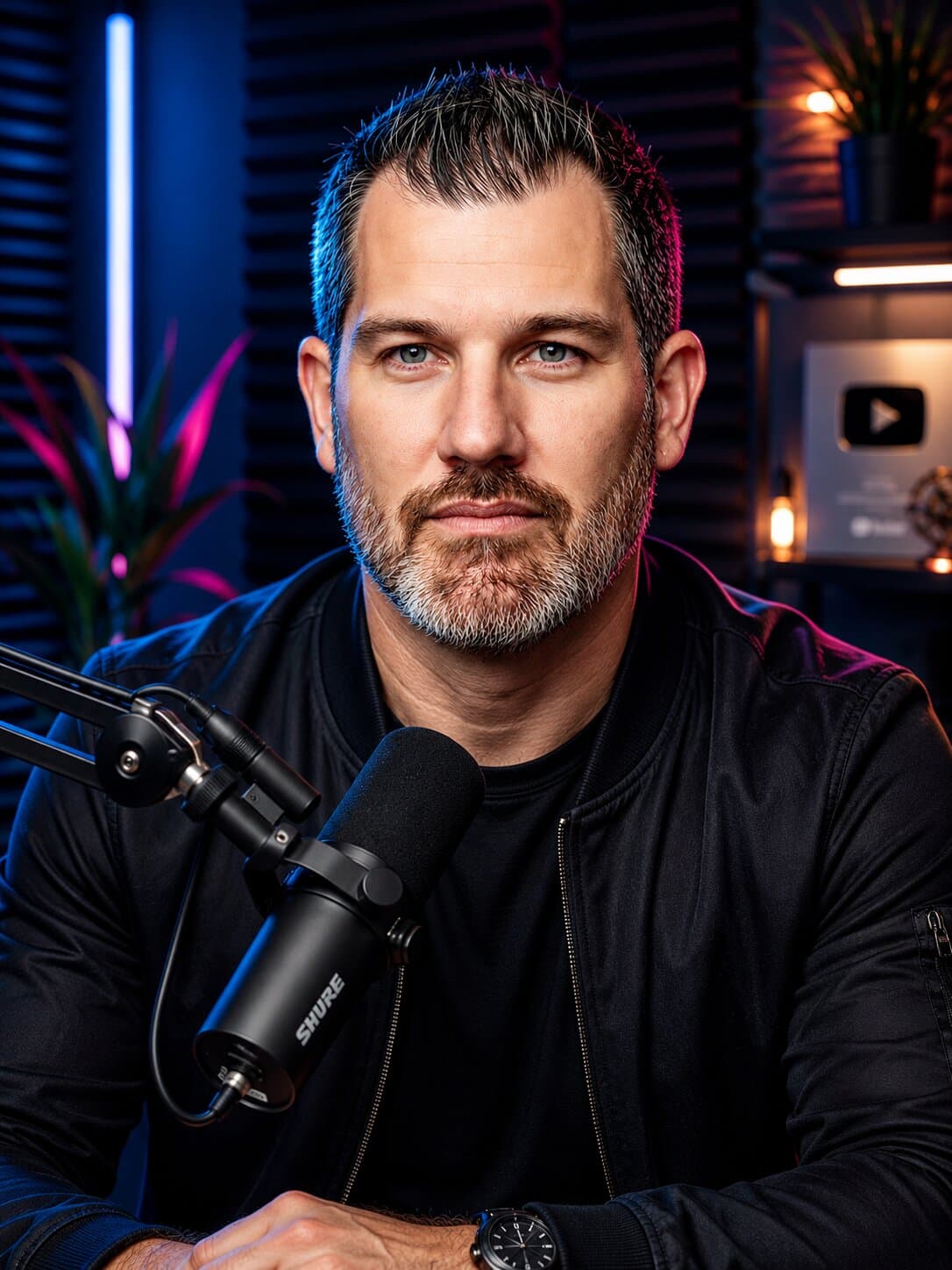 David Hanscom in the studio with a broadcast microphone — host of The Company Show